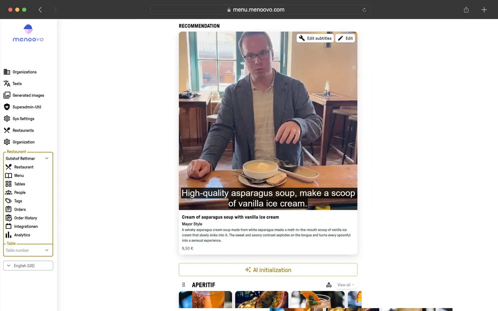 Menoovo Admin-Oberfläche mit Tagesempfehlung, Video und KI-Initialisierung