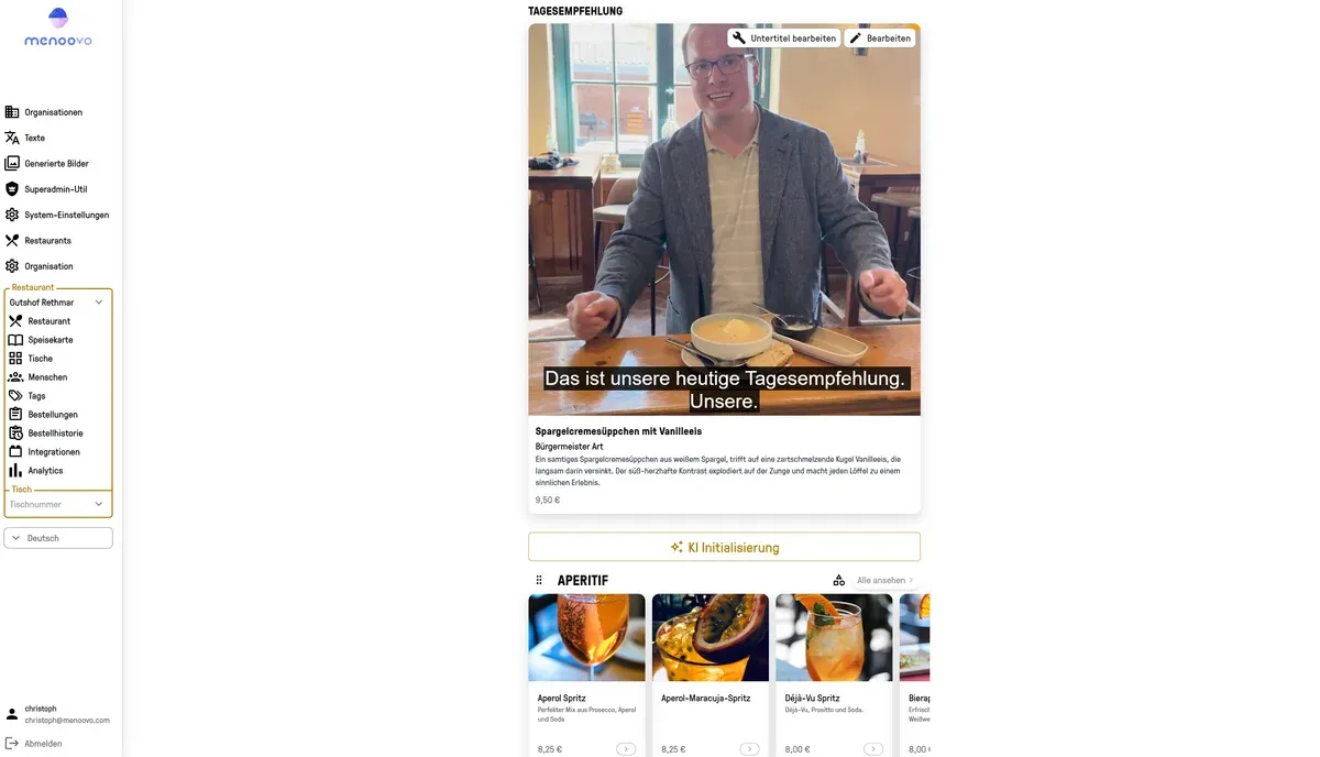 Menoovo Gastansicht: digitale Speisekarte mit Videos und Empfehlungen