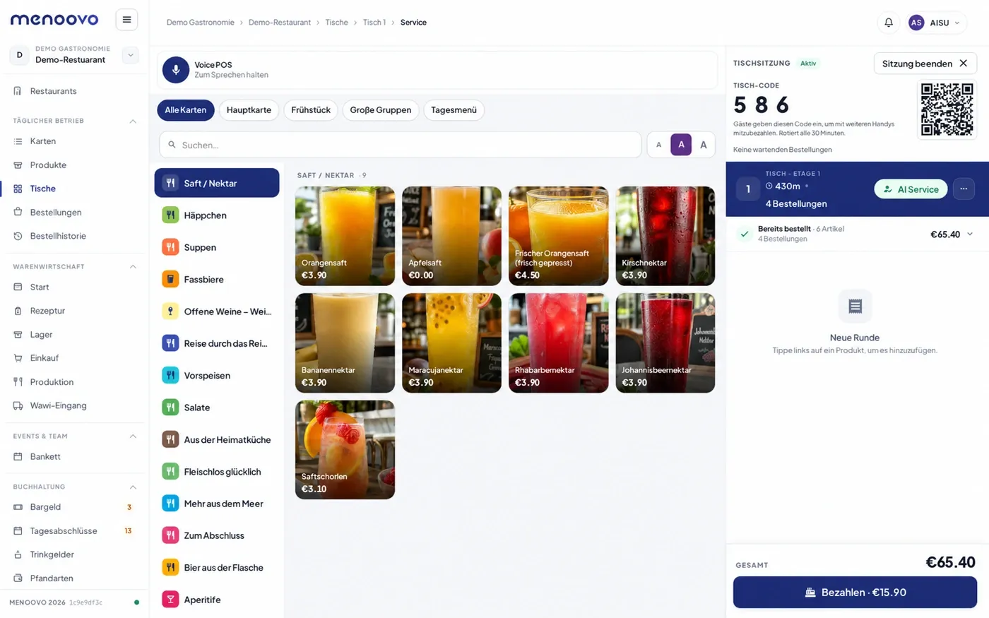 Menoovo Service-POS mit Kasse, Warenwirtschaft und Bankett in einer Oberfläche